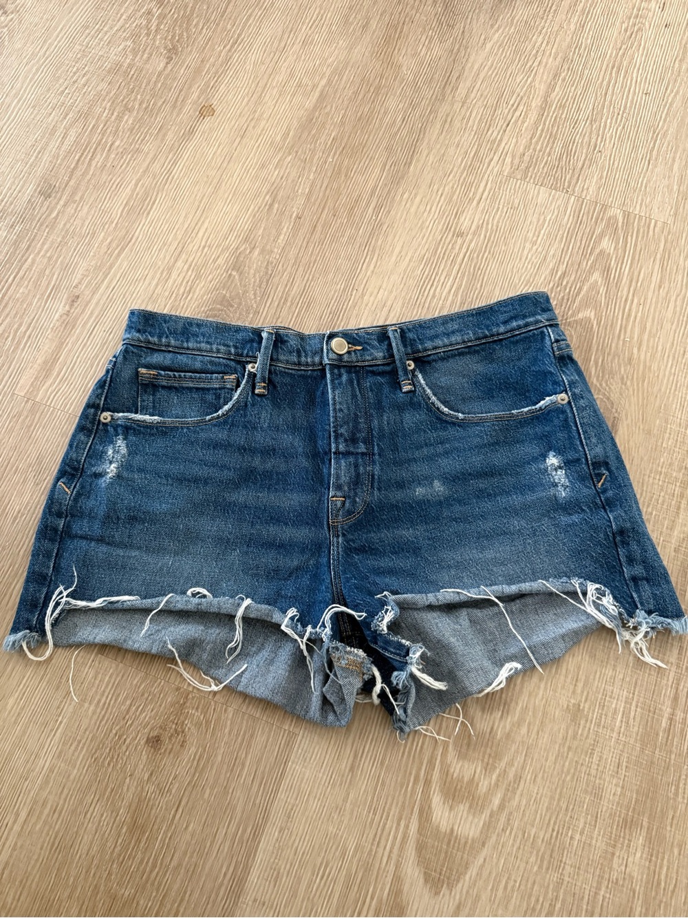 Good American Dark Blue Distressed Denim Cutoff Shorts